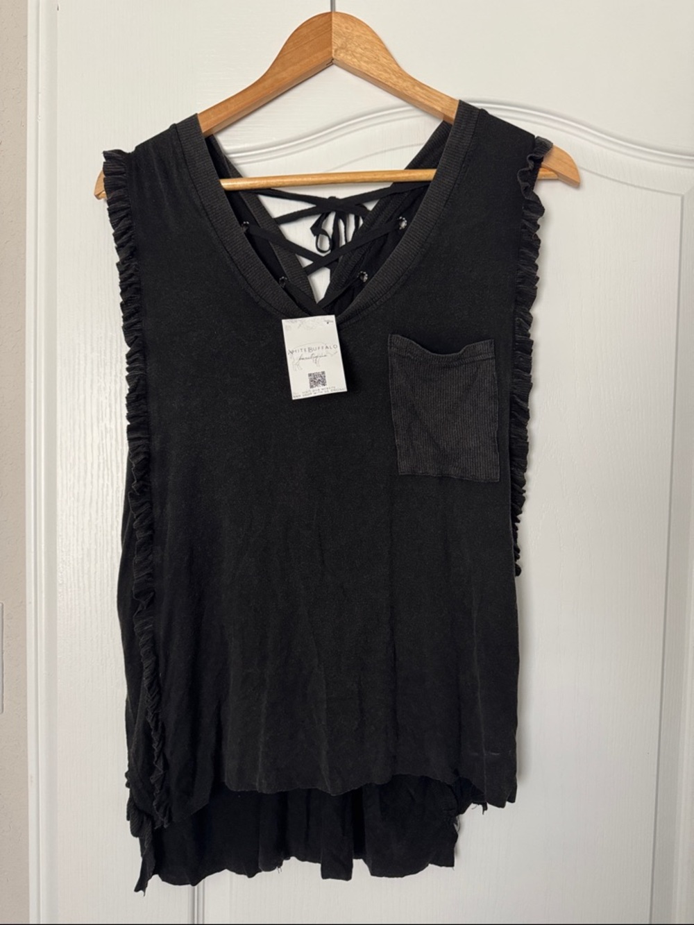 POL Black V-Neck Tank with Lace-Up Back and Ruffle Trim
